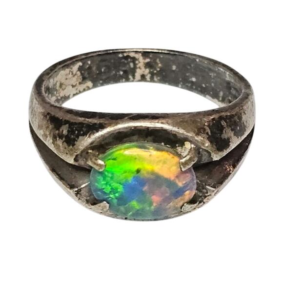 Vintage Fiery Opal Triplet Sterling Silver Unisex Ring Size 9.25 - Picture 1 of 8